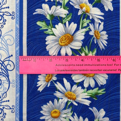 Daisy Border Stripe Cotton Fabric: All About Daisies, Medium Blue, White, Benartex