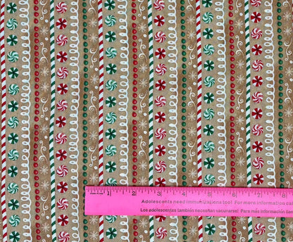 Christmas Fabric Yardage: Tan, Repeating Stripe, Very Merry Gingerbread, Beth Albert, 3 Wishes