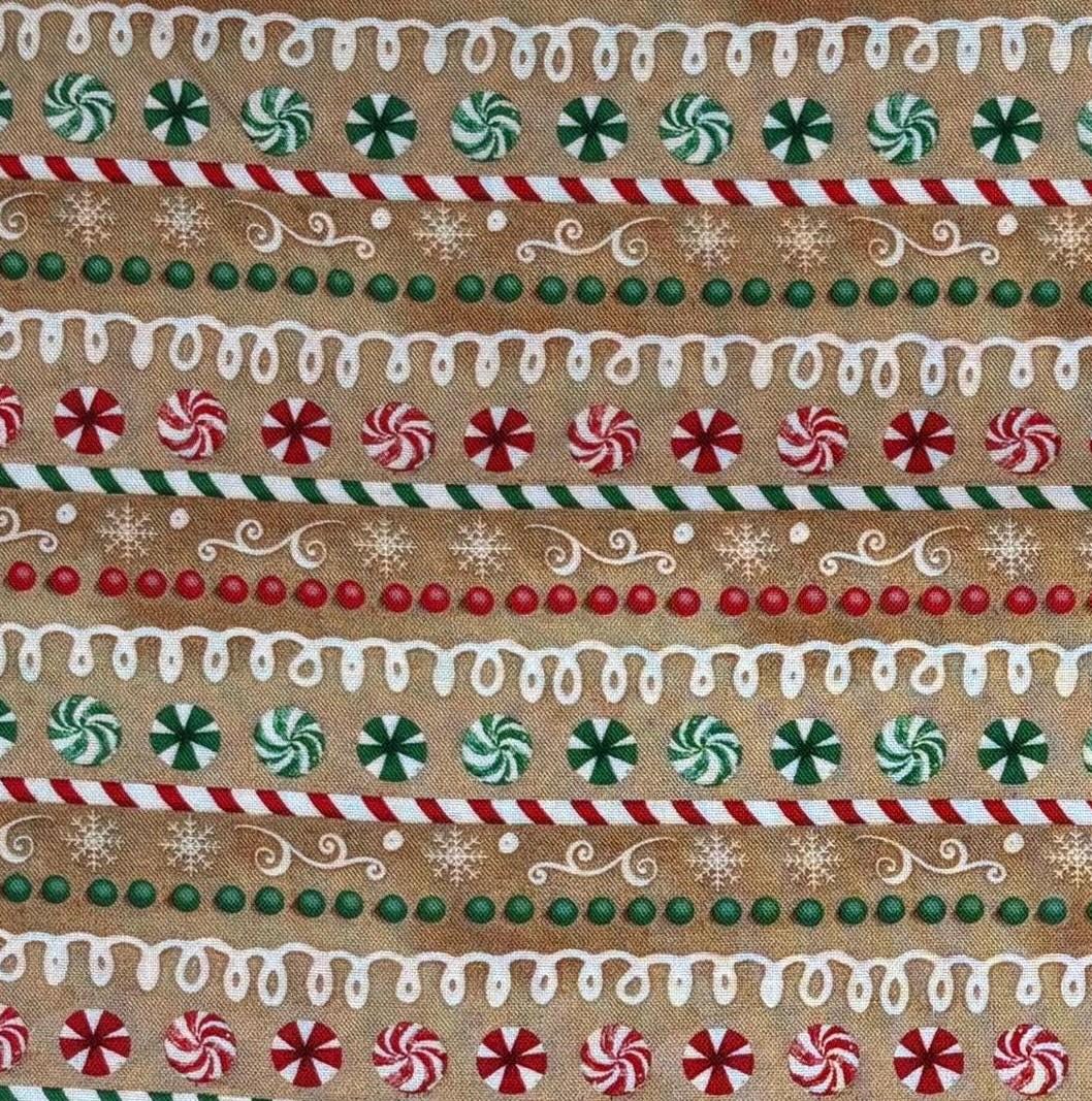Christmas Fabric Yardage: Tan, Repeating Stripe, Very Merry Gingerbread, Beth Albert, 3 Wishes