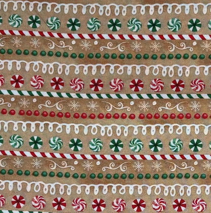 Christmas Fabric Yardage: Tan, Repeating Stripe, Very Merry Gingerbread, Beth Albert, 3 Wishes