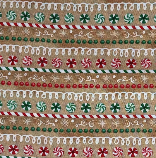 Christmas Fabric Yardage: Tan, Repeating Stripe, Very Merry Gingerbread, Beth Albert, 3 Wishes