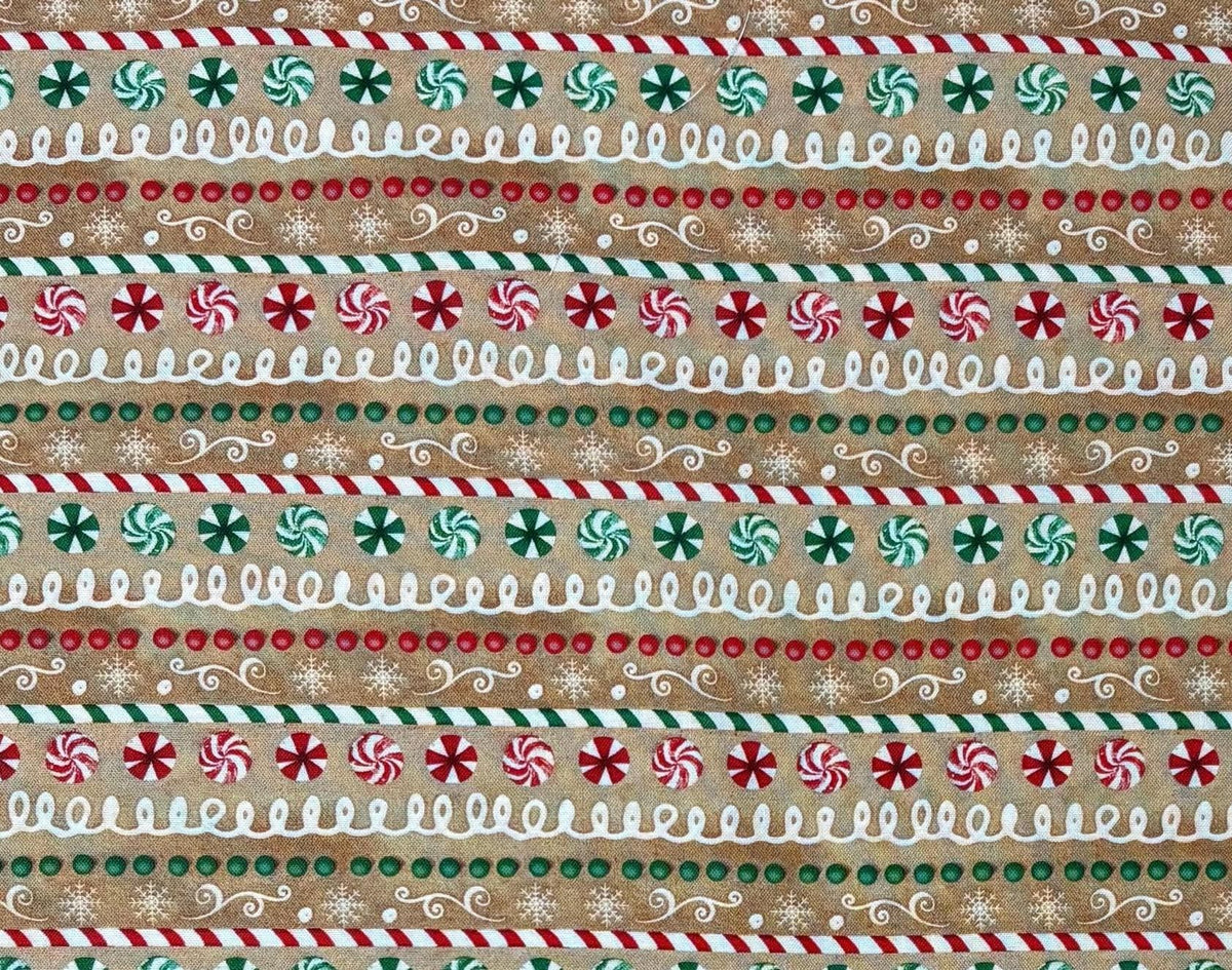 Christmas Fabric Yardage: Tan, Repeating Stripe, Very Merry Gingerbread, Beth Albert, 3 Wishes