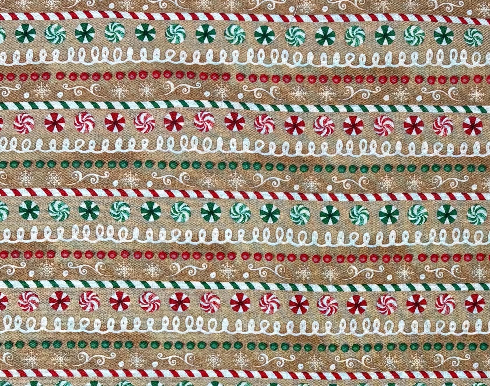 Christmas Fabric Yardage: Tan, Repeating Stripe, Very Merry Gingerbread, Beth Albert, 3 Wishes