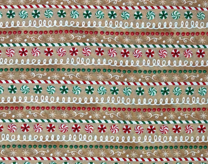 Christmas Fabric Yardage: Tan, Repeating Stripe, Very Merry Gingerbread, Beth Albert, 3 Wishes