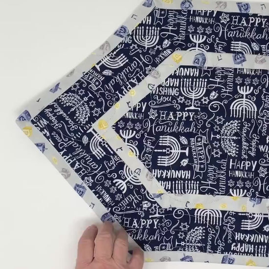 Hanukkah Quilted Table Runner: Handmade, Navy Blue, White, Menorrahs, Chanukah Decor, 15x49