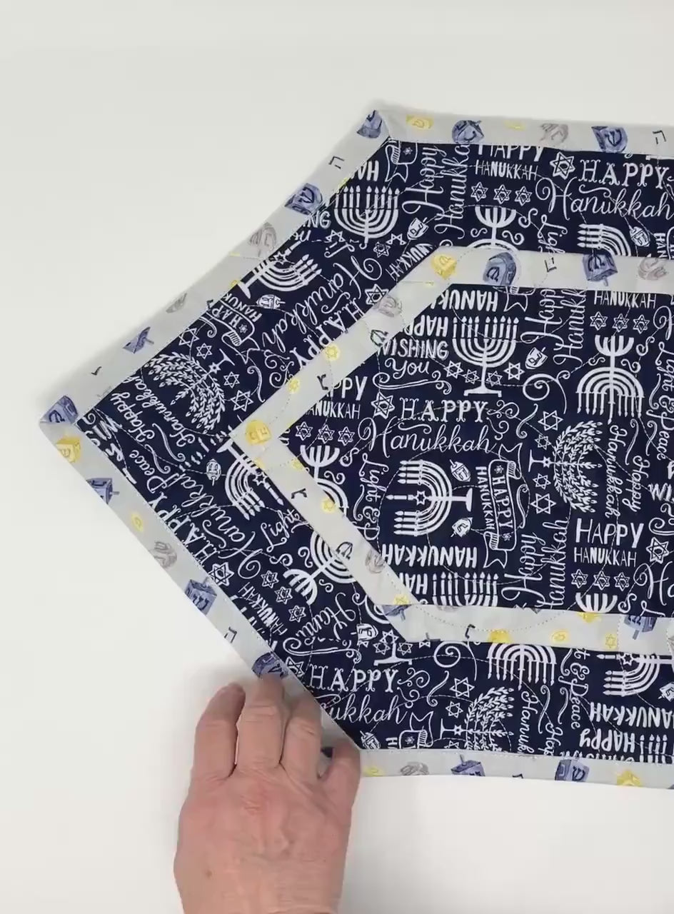 Hanukkah Quilted Table Runner: Handmade, Navy Blue, White, Menorrahs, Chanukah Decor, 15x49