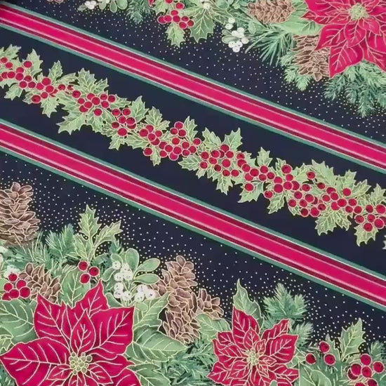 Poinsettia Stripe Border Fabric: Red, Green - Timeless Treasures