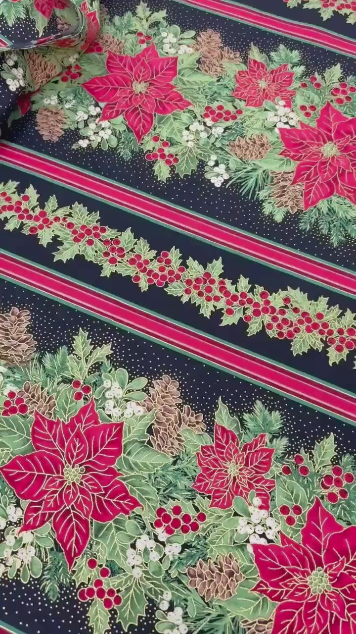 Poinsettia Stripe Border Fabric: Red, Green - Timeless Treasures