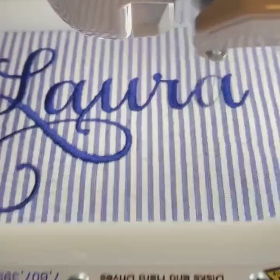 Purple Make Up Cosmetic Toiletry Bag, Pin Stripes, Seer Sucker Cotton, Personalized Gift, Embroidered Gift, Bridesmaid Gift,