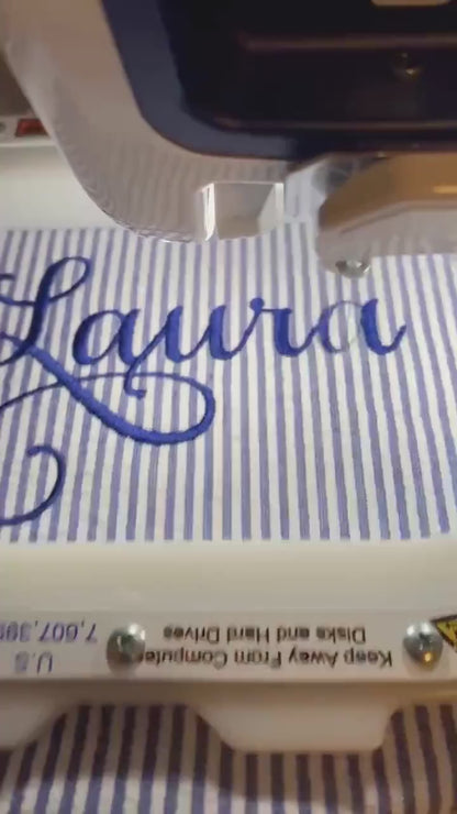 Purple Make Up Cosmetic Toiletry Bag, Pin Stripes, Seer Sucker Cotton, Personalized Gift, Embroidered Gift, Bridesmaid Gift,