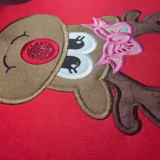 Girls Red Tee Shirt: Christmas, Reindeer applique, Toddler Girls, Personalized