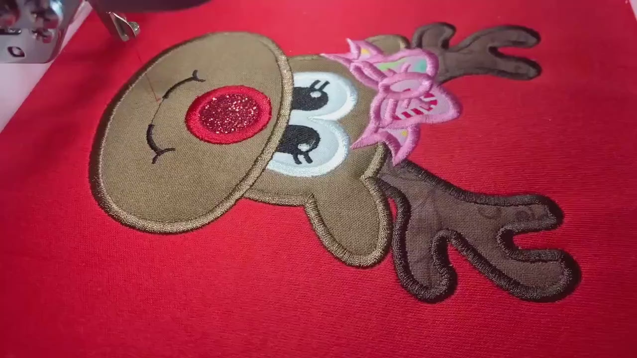 Girls Red Tee Shirt: Christmas, Reindeer applique, Toddler Girls, Personalized