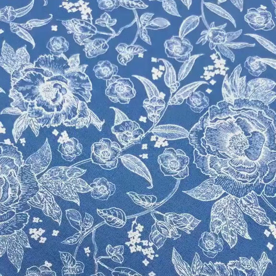 Blue Floral Cotton Fabric Yardage: Penelope Main Blue