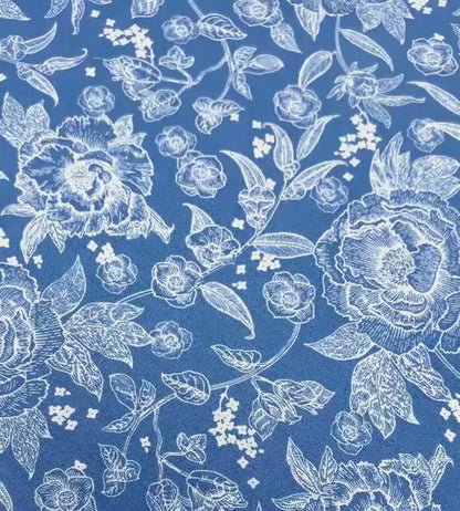 Blue Floral Cotton Fabric Yardage: Penelope Main Blue