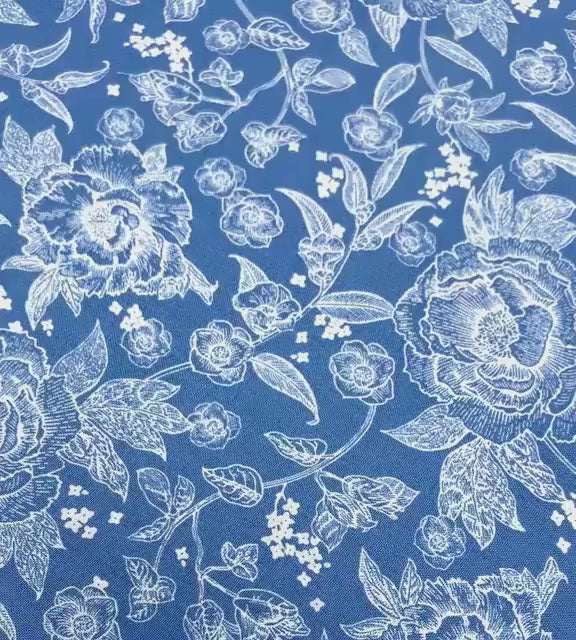 Blue Floral Cotton Fabric Yardage: Penelope Main Blue