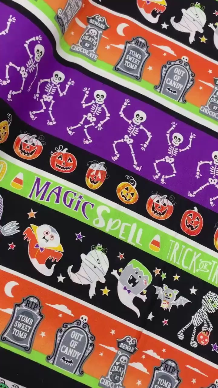 Halloween Fabric Yardage: Multi Haunted Stripe, Glow in the Dark - Benartex