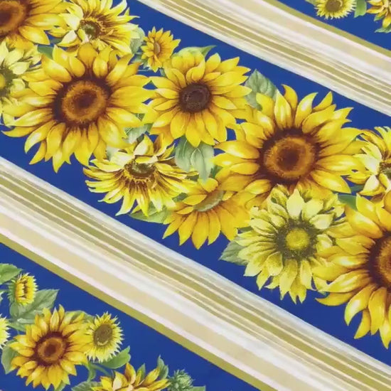 Sunflowers Stripe Border Fabric: Fleur, Sunflowers, Sapphire - Timeless Treasures