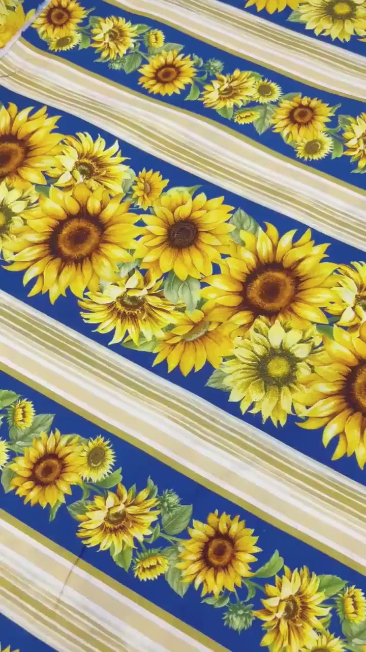 Sunflowers Stripe Border Fabric: Fleur, Sunflowers, Sapphire - Timeless Treasures