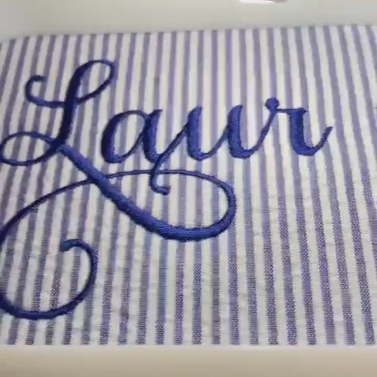 Blue Make Up Cosmetic Toiletry Bag, Pin Stripes, Seer Sucker Cotton, Personalized Gift, Embroidered Gift, Bridesmaid Gift,