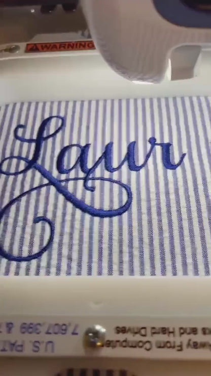 Blue Make Up Cosmetic Toiletry Bag, Pin Stripes, Seer Sucker Cotton, Personalized Gift, Embroidered Gift, Bridesmaid Gift,