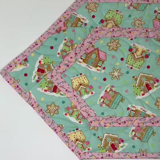 Gingerbread Houses Quilted Table Runner: Handmade Christmas Decor, Teal Blue Coquette, 15x49