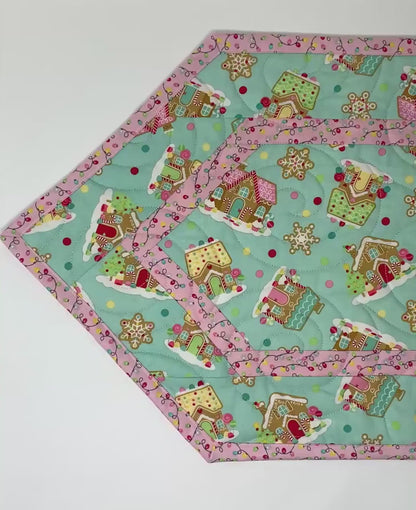 Gingerbread Houses Quilted Table Runner: Handmade Christmas Decor, Teal Blue Coquette, 15x49