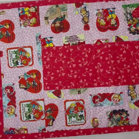 Valentine Table Runner Quilt, Retro, Pink, Red, Handmade Quilt