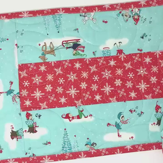 Winter Table Runner Quilt, Blue, Red, Snowflakes, Handmade