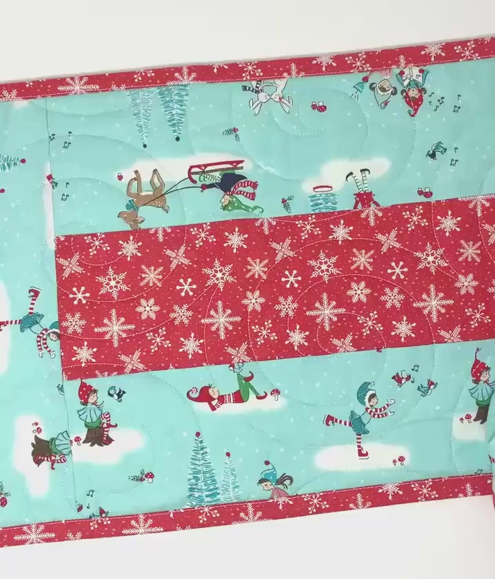 Winter Table Runner Quilt, Blue, Red, Snowflakes, Handmade