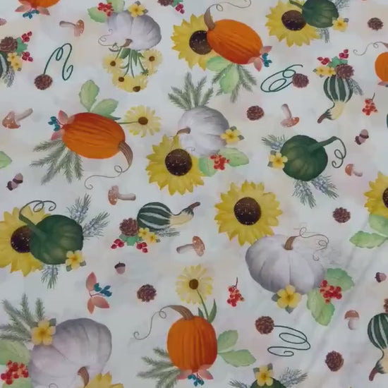 Autumn Fall Cotton Fabric Yardage, Pumpkin Patch Cream Background, Enchanted Forest, Benartex
