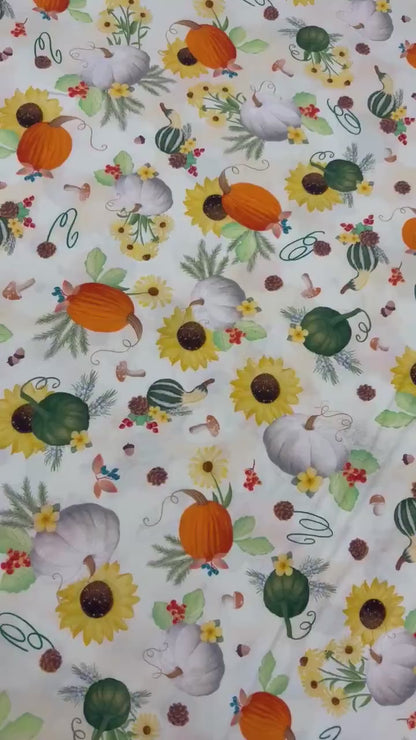 Autumn Fall Cotton Fabric Yardage, Pumpkin Patch Cream Background, Enchanted Forest, Benartex