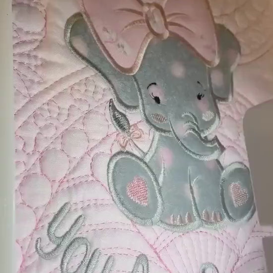 Elephant Baby Girl Quilt, Personalized, Applique, Baby Blanket, Scallop Purple Quilt, New Baby Gift, Embroidered Name, Custom Baby Quilt