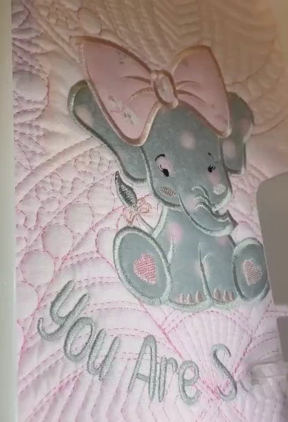 Elephant Baby Girl Quilt, Personalized, Applique, Baby Blanket, Scallop Purple Quilt, New Baby Gift, Embroidered Name, Custom Baby Quilt