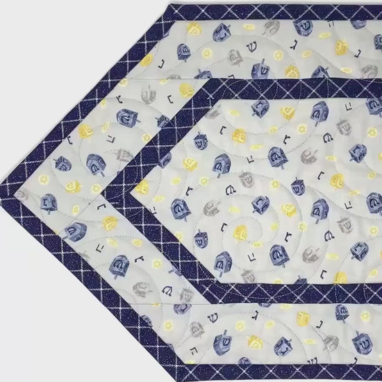 Hanukkah Quilted Table Runner: Handmade, Dreidals, Blue, Gold, Chanukah Decor, 15x49