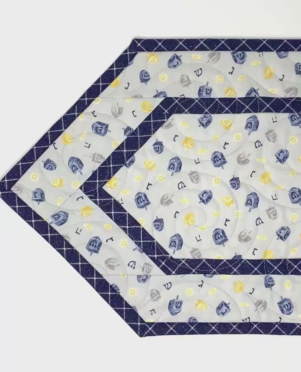 Hanukkah Quilted Table Runner: Handmade, Dreidals, Blue, Gold, Chanukah Decor, 15x49
