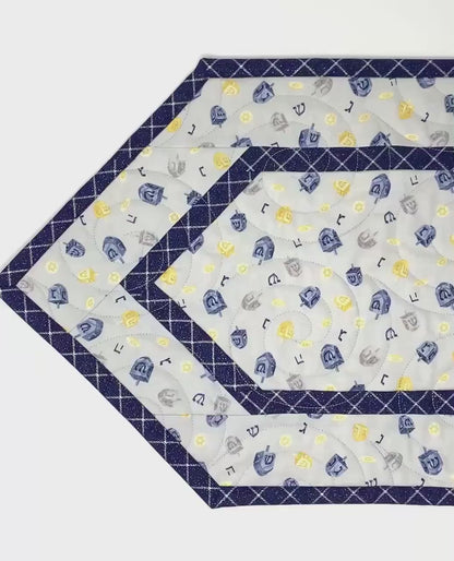 Hanukkah Quilted Table Runner: Handmade, Dreidals, Blue, Gold, Chanukah Decor, 15x49