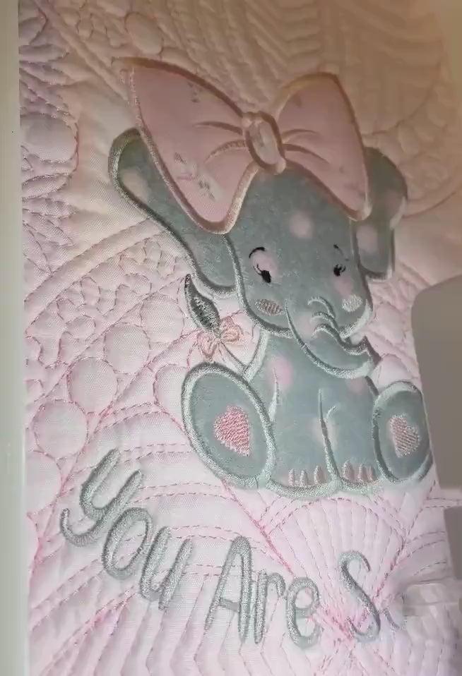 Elephant Baby Girl Quilt, Personalized, Applique, Baby Blanket, Scallop Pink Quilt, New Baby Gift, Embroidered Name, Custom Baby Quilt