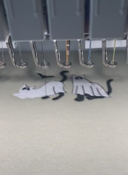 Halloween Sweatshirt, Embroidered Ghost Cats, Beige Sand or Black Sweatshirt