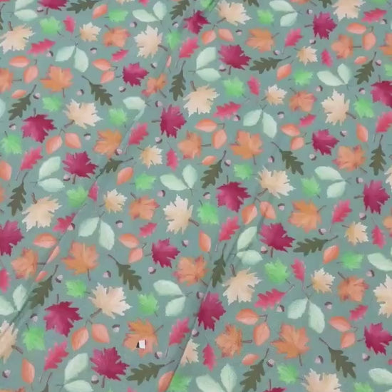 Autumn Fall Cotton Fabric Yardage, Enchanted Leaves, Green, Enchanted Forest, Benartex