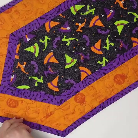 Halloween Witch Table Runner Quilt, Witch Shoes, Hat Quilt, Orange, Purple, Green, Handmade Quilt
