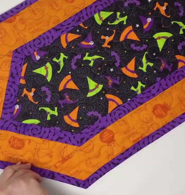 Halloween Witch Table Runner Quilt, Witch Shoes, Hat Quilt, Orange, Purple, Green, Handmade Quilt