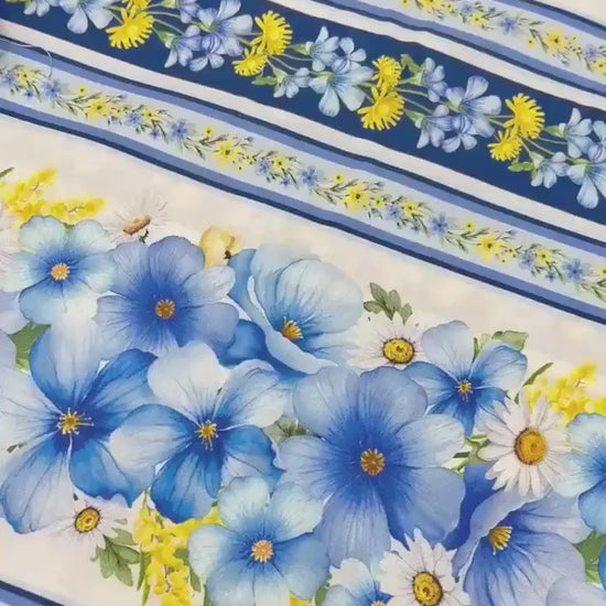Floral Stripe Border Fabric: Fleur, Floral Blue Stripes - Timeless Treasures