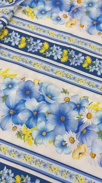 Floral Stripe Border Fabric: Fleur, Floral Blue Stripes - Timeless Treasures