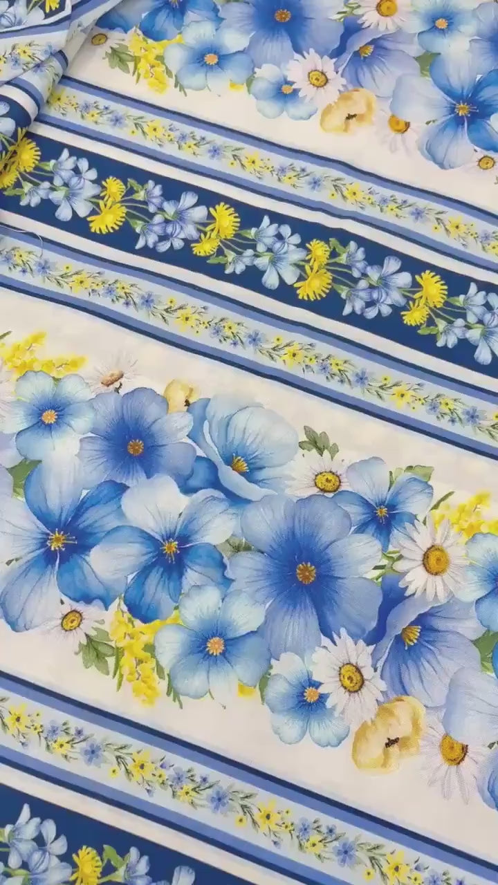 Floral Stripe Border Fabric: Fleur, Floral Blue Stripes - Timeless Treasures