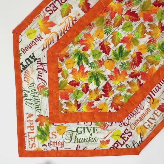 Bright Leaves Fall Words Table Runner Quilt, Orange, Yellow, Green, Handmade Quilt