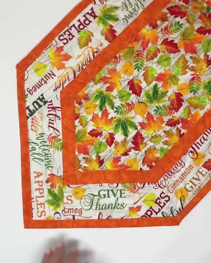 Bright Leaves Fall Words Table Runner Quilt, Orange, Yellow, Green, Handmade Quilt