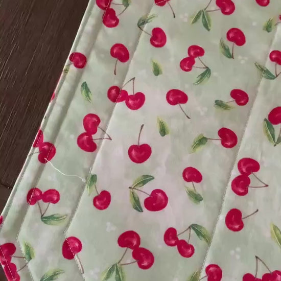 Cherries Placemat Set, Qulted Place Mats, Octagon Shape, Red Cherries on Green