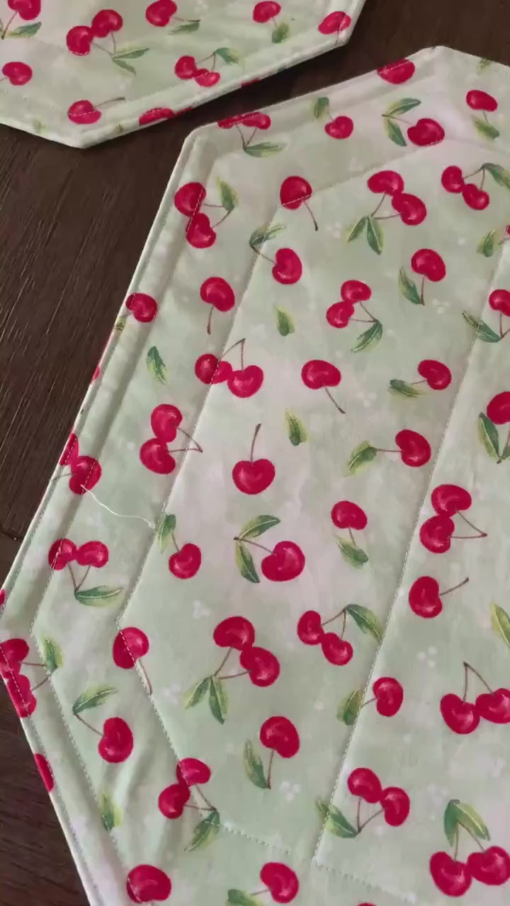 Cherries Placemat Set, Qulted Place Mats, Octagon Shape, Red Cherries on Green