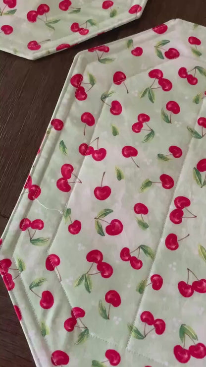 Cherries Placemat Set, Qulted Place Mats, Octagon Shape, Red Cherries on Green