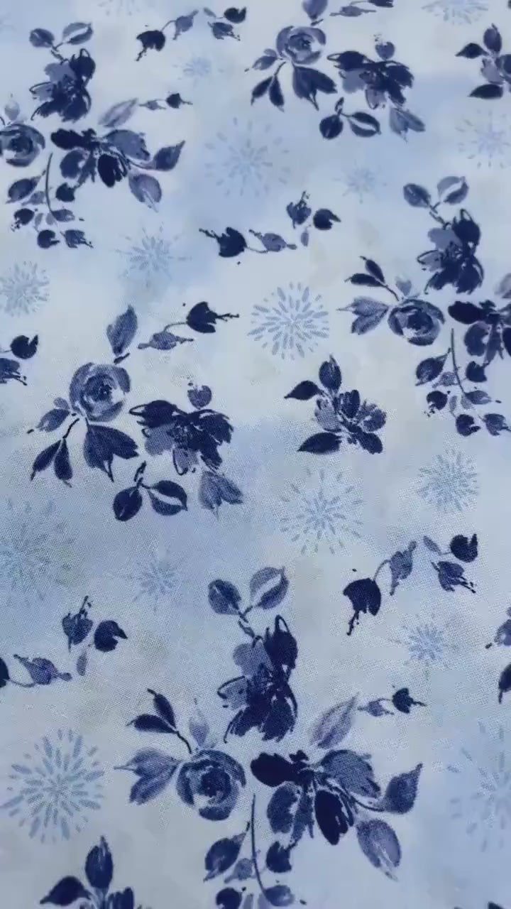 Blue Floral Fabric Yardage, Dreaming in Blue, Light Blue Bouquet Toss, Wilmington Prints